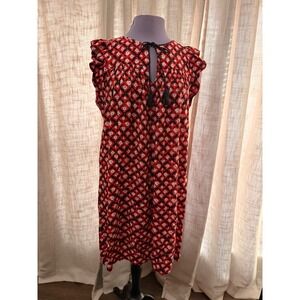 LOFT Red Floral Geometric Tassel Tie Ruffle Sleeve Shift Dress Large Womens